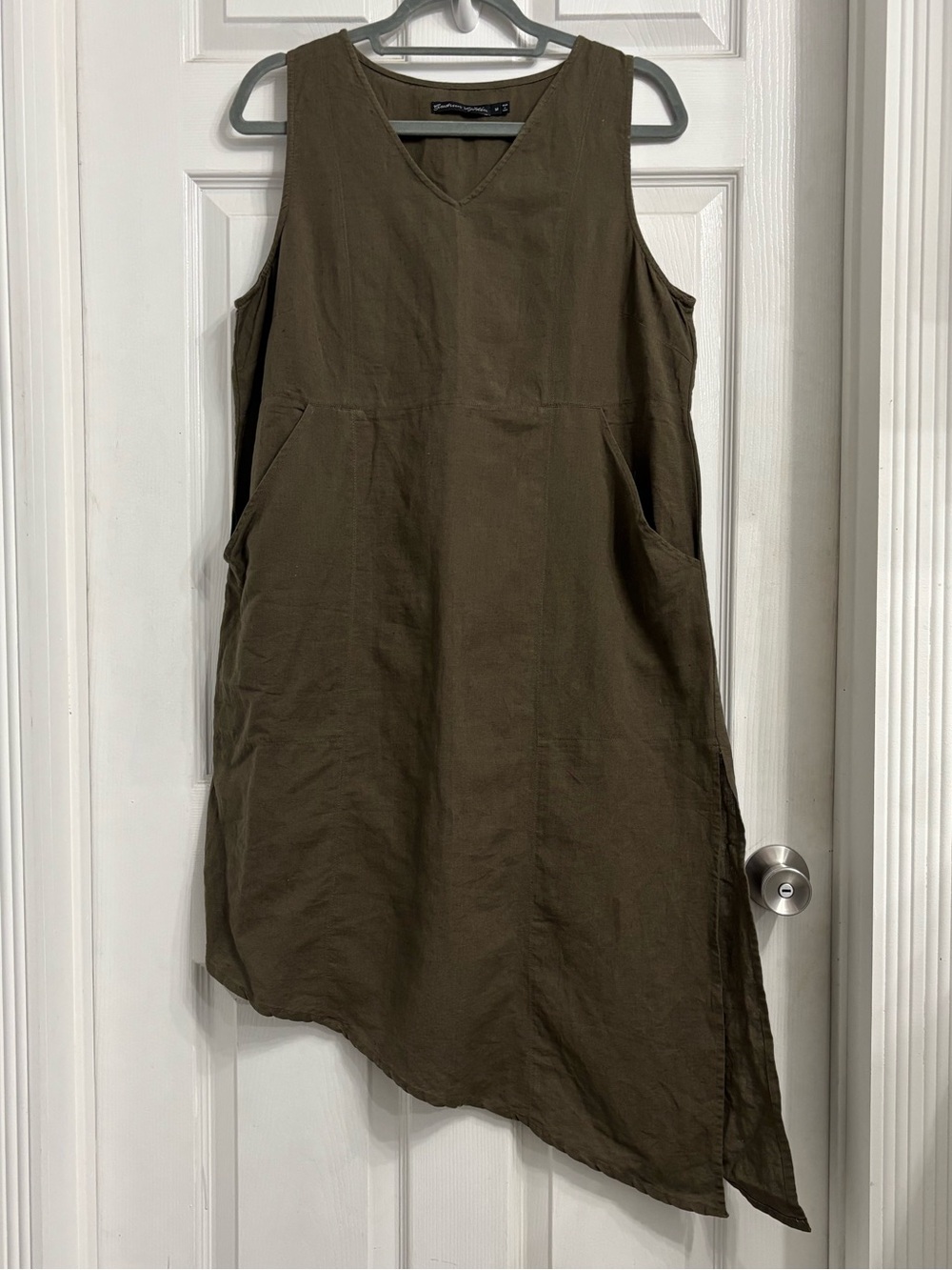 Gudrun Sjoden Asymmetrical Green Sleeveless Shift Dress Cotton Linen Medium